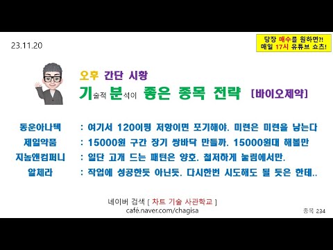 [오후시황 및 종목전략] 동운아나텍 <strong>제일약품</strong> 지놈앤컴퍼니 알체라 바이오 제약 주가 매매 전략 231120