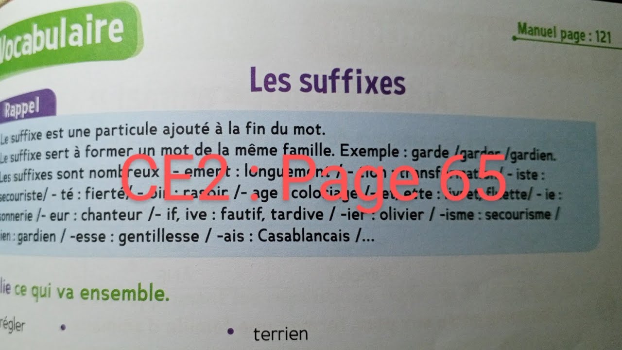 CE2 : Vocabulaire : Les suffixes page 65 cahier d' activités Le trésor des mots