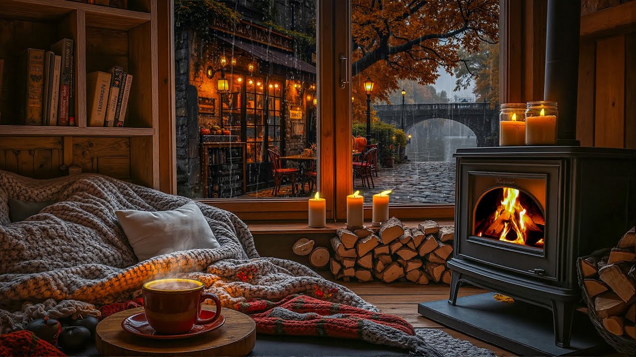 Tranquil Fall Reading Corner in Autumn Rain 🍁 Jazz, Rain & Fireplace for Work or Study