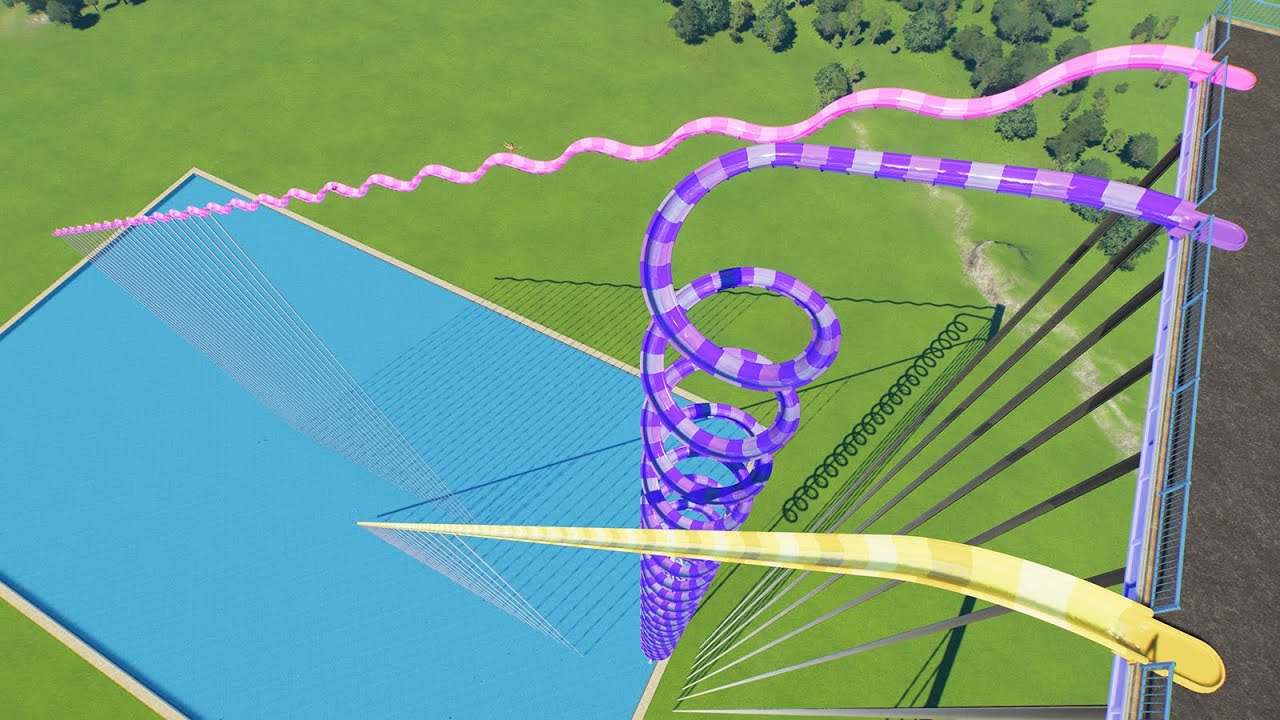 Straight Vs Spiral Vs Stair High Speed Water Slide - Planet Coaster 2