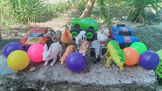 Menemukan Mainan Hewan Sapi Ayam Bebek Macan Panda Gajah Dinosaurus Keledai, Mobil Mobilan, Bola