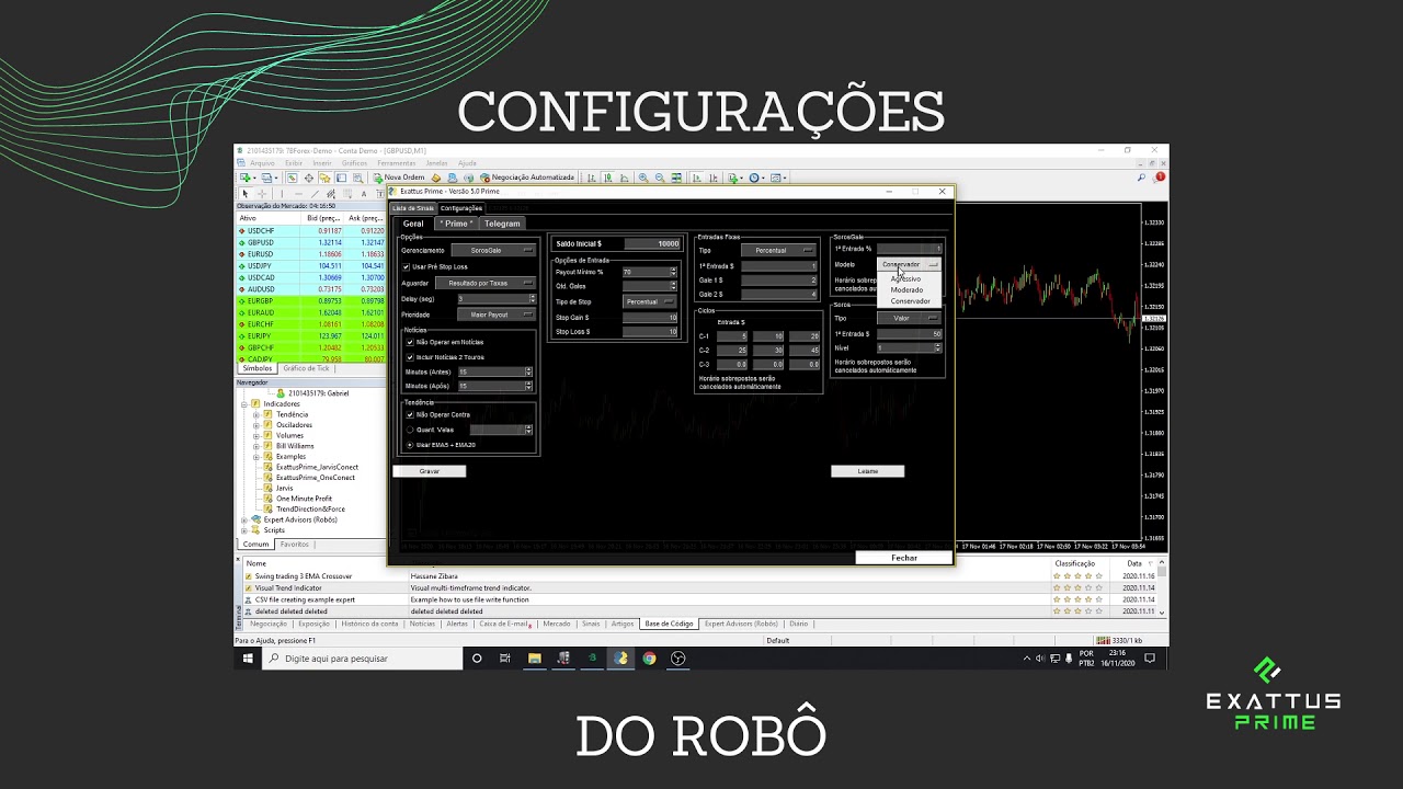 Configurações do Robô EXATTUS PRIME! Automatizador de Sinais na IQ Option