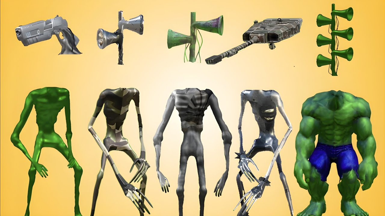 WRONG HEADS HOUSE HEAD, SIREN HEAD THUNDERBOLT, SIREN HEAD PISTOL, SIREN HEAD T REX, SIREN HEAD BELL