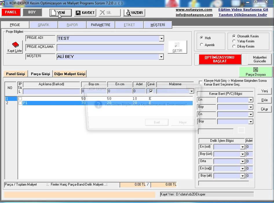 KopEksper Firesiz Kesim Programı (Kaydet ve Silme İşlemi)