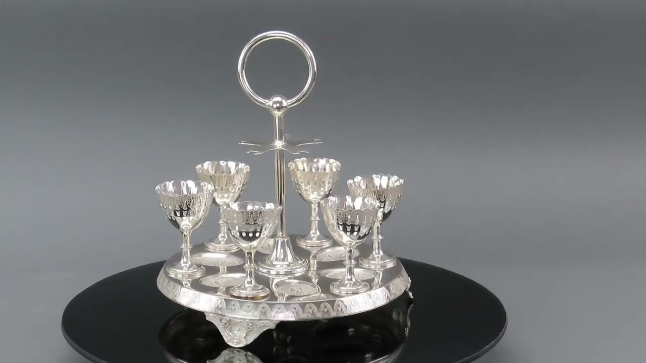 Beautiful Victorian Silver Plate Egg Cruet Set w/ Tray 6 Cups Engraved Details 23338
