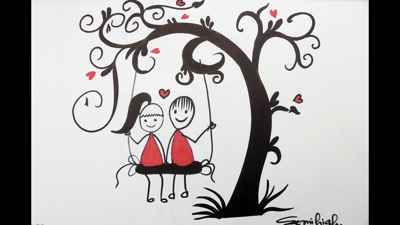 How To Draw Romantic Couple Under Tree Step By Step Drawing Youtube
