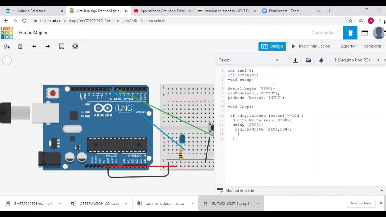 Uso de If conditional con un led y pulsador en tinkercad - YouTube