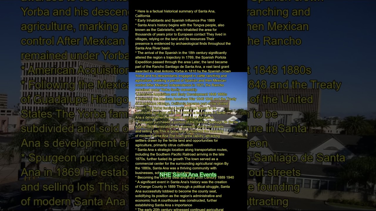Here is a factual historical summary of Santa Ana, California:  Early Inhabitants and Spanish Influe