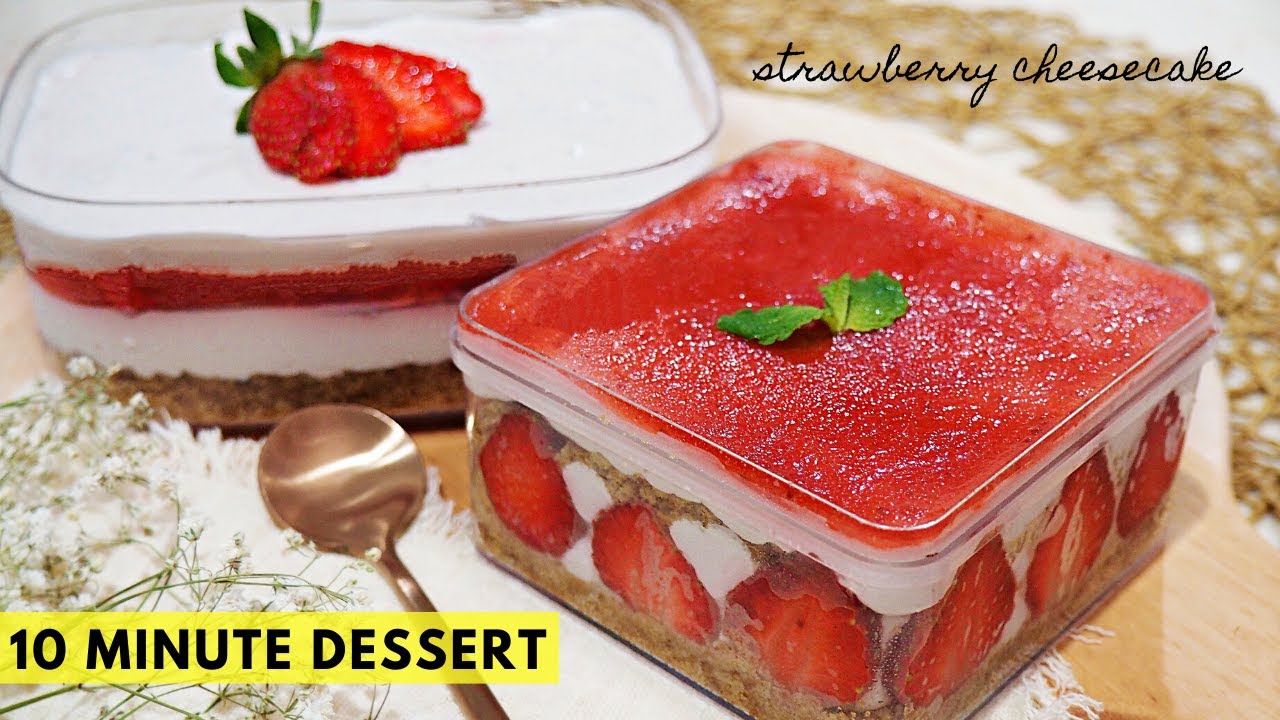 RESEP DESSERT BOX STRAWBERRY CHEESECAKE 5 BAHAN! NO BAKE, GAK RIBET