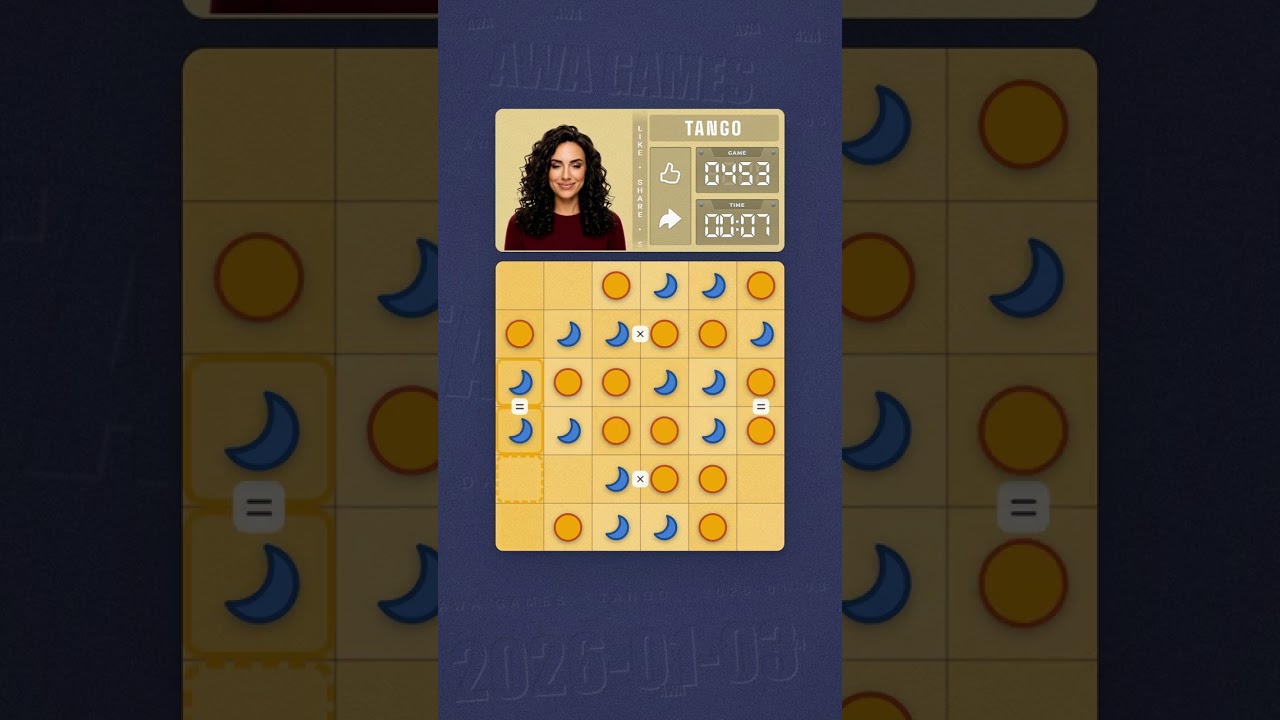 LinkedIn Tango #453 solved board for January 3, 2026, 6x6 grid