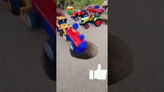 tractor and yellow jcb pushing blue ylw and red ds car in to deep pit #jcb #jcpbackhoe #jcbjcb #