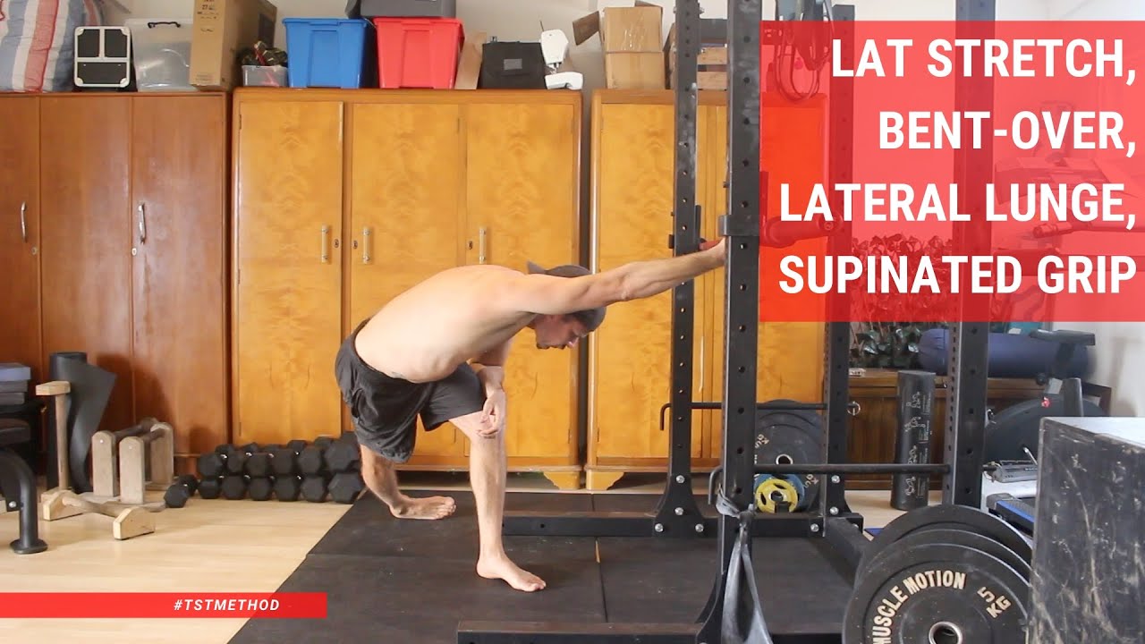 Lat Stretch, Bent-Over, Lateral Lunge, Supinated Grip 