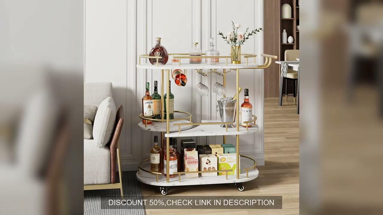 Gold Bar Cart 3 Tier Bar Carts for The Home Rotated Bar Cart Gold with Wine Rack and Glass Holder, B