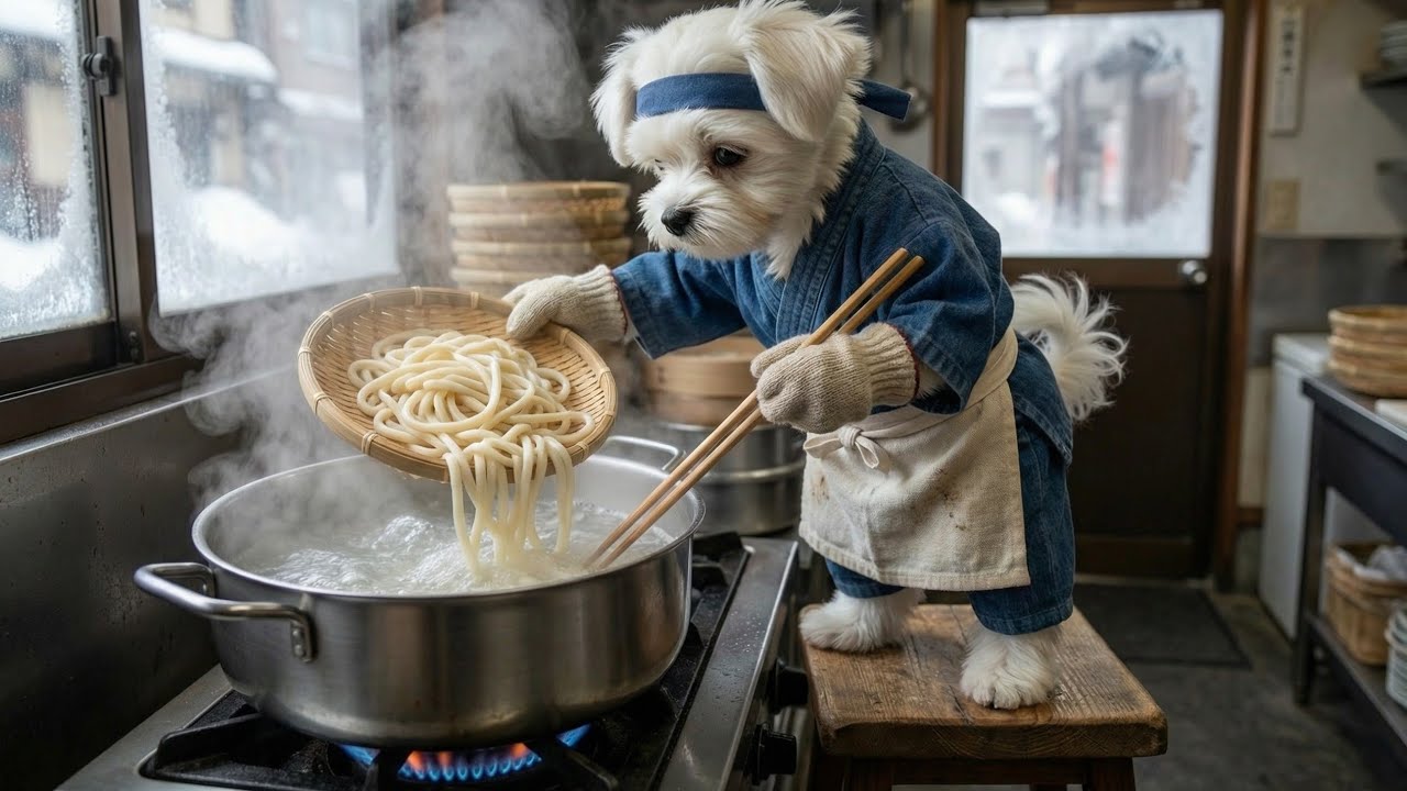 Can A Tiny Puppy Make Udon🍜From Scratch? (He Used His Paws! 🐾)