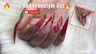 Long Red Freestyle Set | Valentino Beauty Pure | Acrylic Nail Tutorial