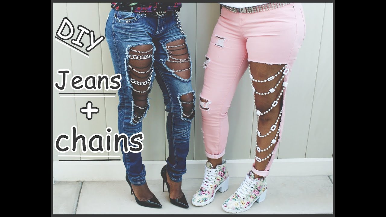 Stylish Chain Decorated Hole in Leg Ripped Jeans