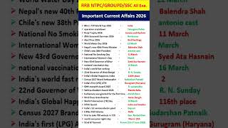 Railway/RRB NTPC/SSC/Bank Important Current Affairs 2026| Last Six Month Current Affairs2026#shorts