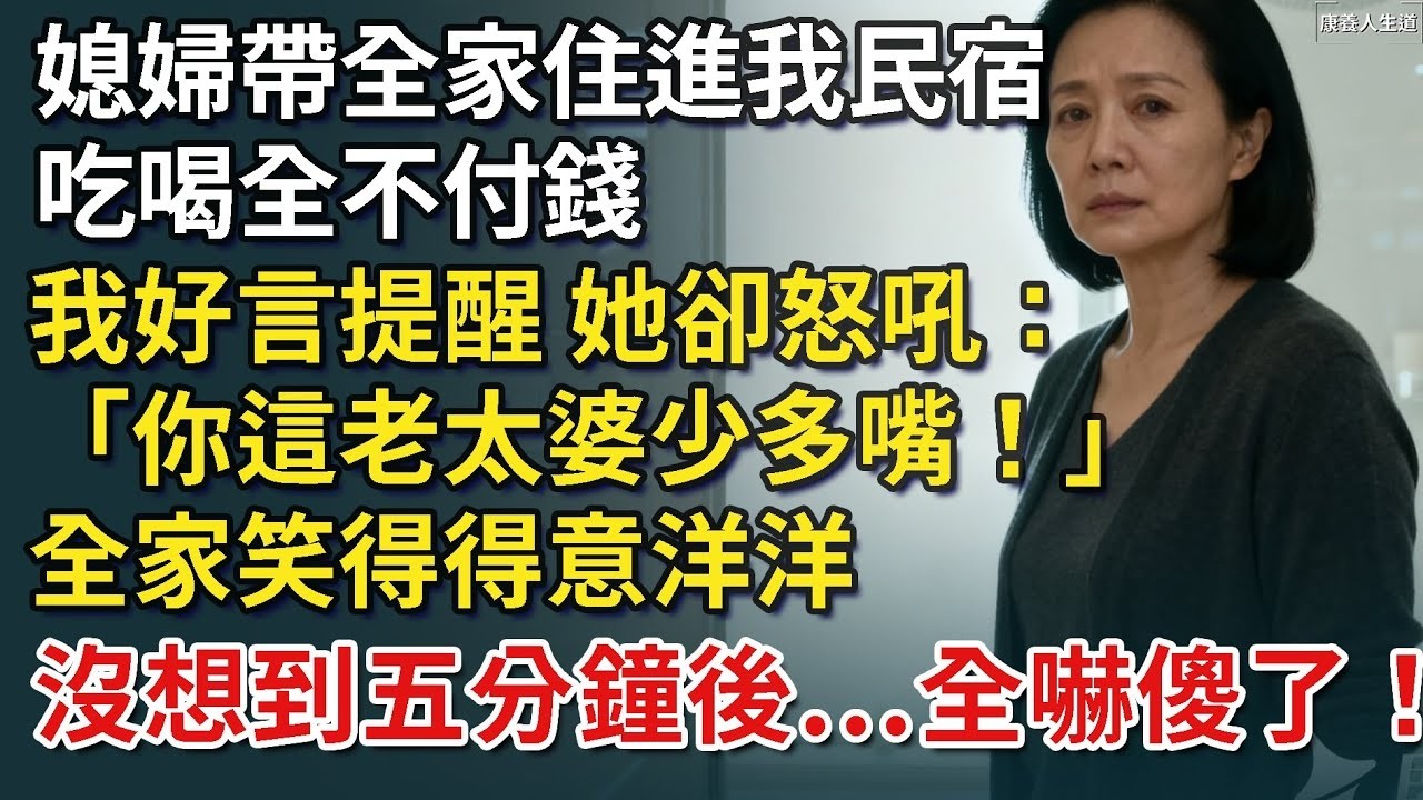 媳婦帶全家住進我民宿，吃喝全不付錢，我好言提醒，她卻怒吼：「你這老太婆少多嘴！」全家笑得得意洋洋，沒想到五分鐘後，全嚇傻了！【康養人生道】 #康養人生道 #上了年紀該明白的事 #養老 #聰明老人