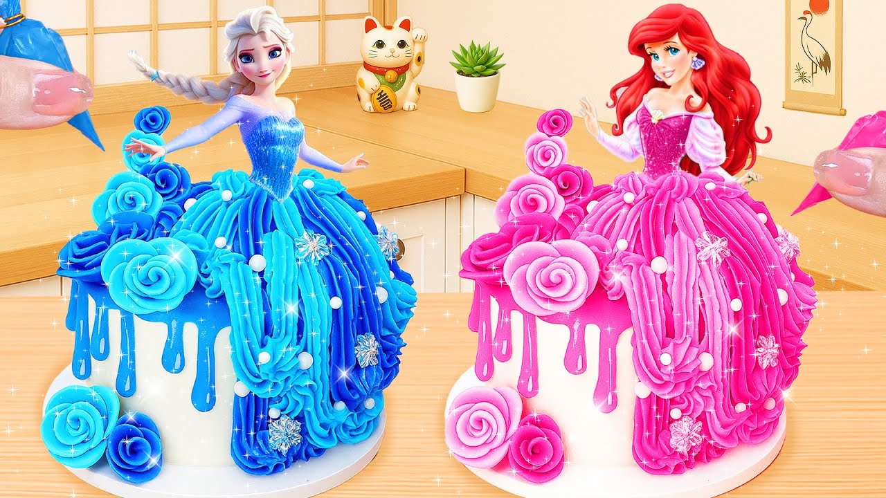 エルサブルーケーキvsアリエルピンクプリンセスケーキ💙💖 | Elsa Blue Cake vs Ariel Pink Princess Cake 💙💖 | Sweet Japan