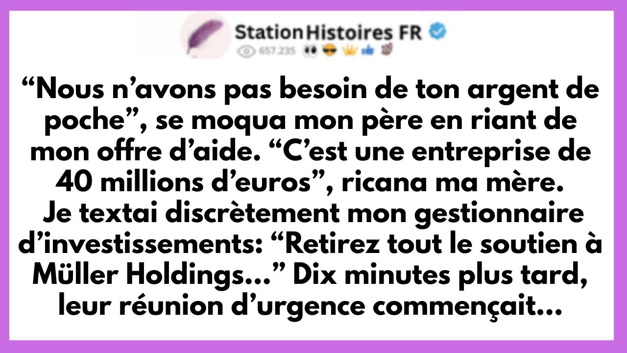 Dimanche dernier, pendant le déjeuner de famille, mon père a ri de moi quand j'ai proposé d'aider son entreprise. « Nous n'avons pas besoin de ton argent de poche », a-t-il dit, pendant que ma...