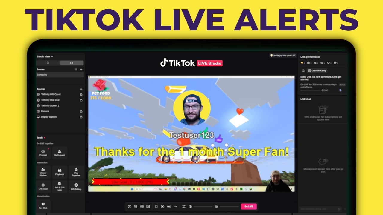 A YouTube thumbnail showing TikFinity alerts on the screen of TikTok LIVE Studio. The alert is for a new Super Fan.