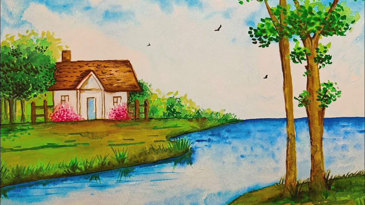 Beautiful riverside scenery painting | water colour | relaxing video ...