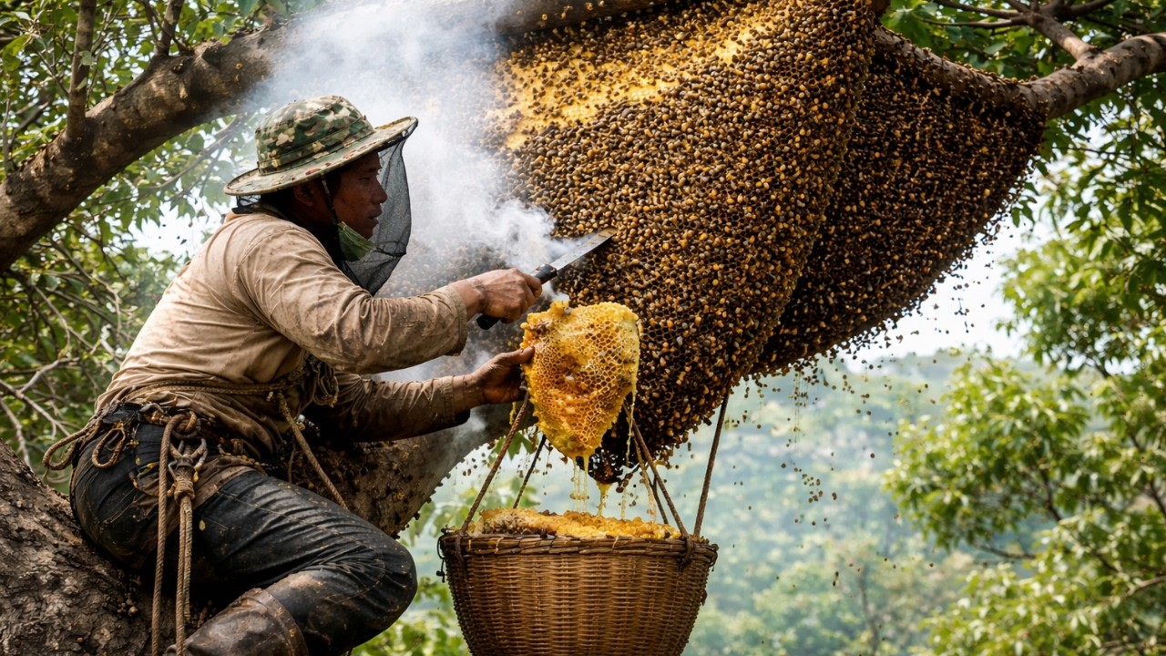 Harvesting Wild Honey High in a Tree – Intense Every Minute