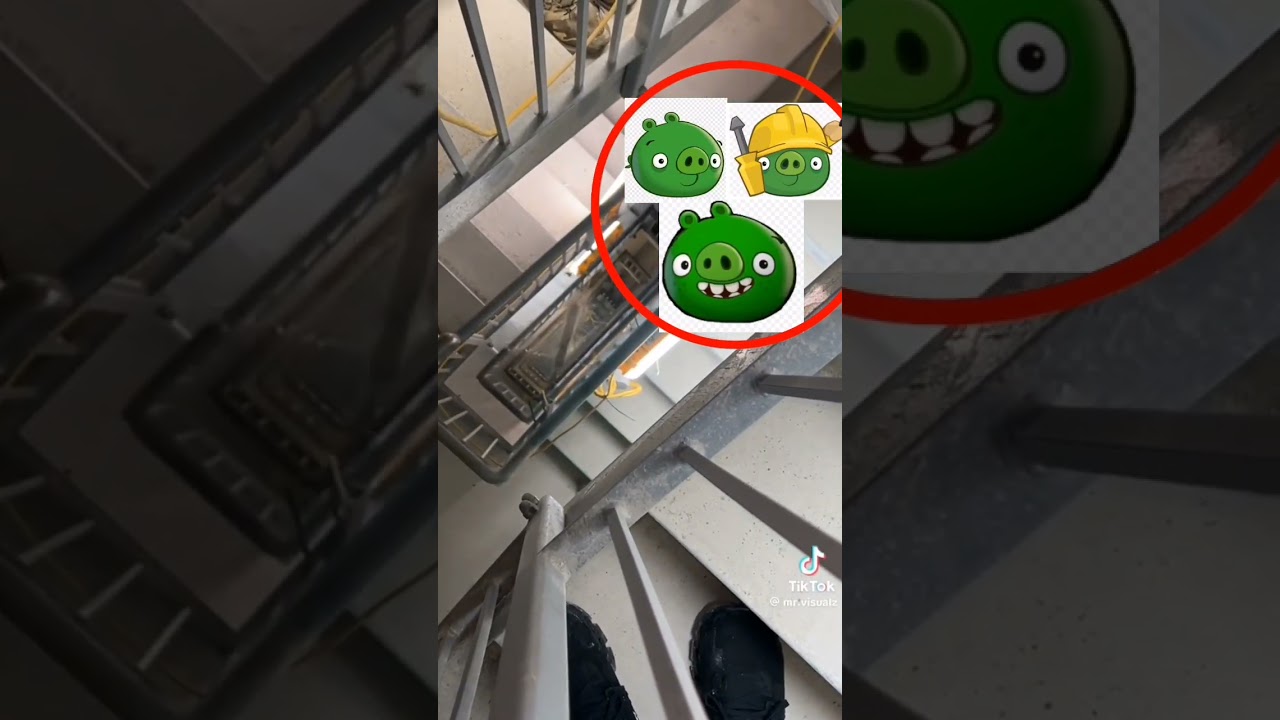 Green pigs drop a broom down a long staircase