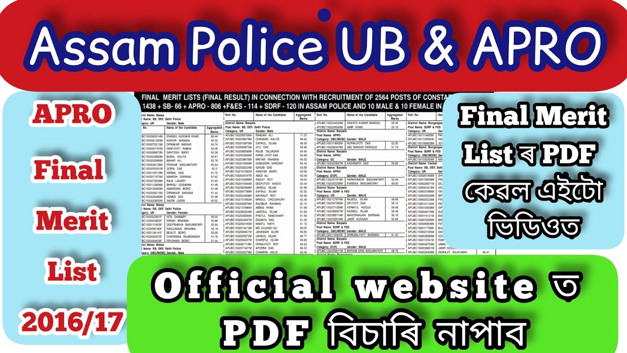 Assam Police 2016/17 UB Constable & APRO Final Merit List