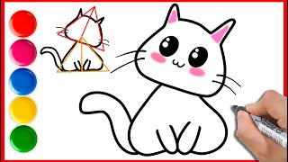 Cat Cute Drawing, Drawing &amp; Coloring Step-By-Step From Two Triangles Easy For Kids And Toddles Child
