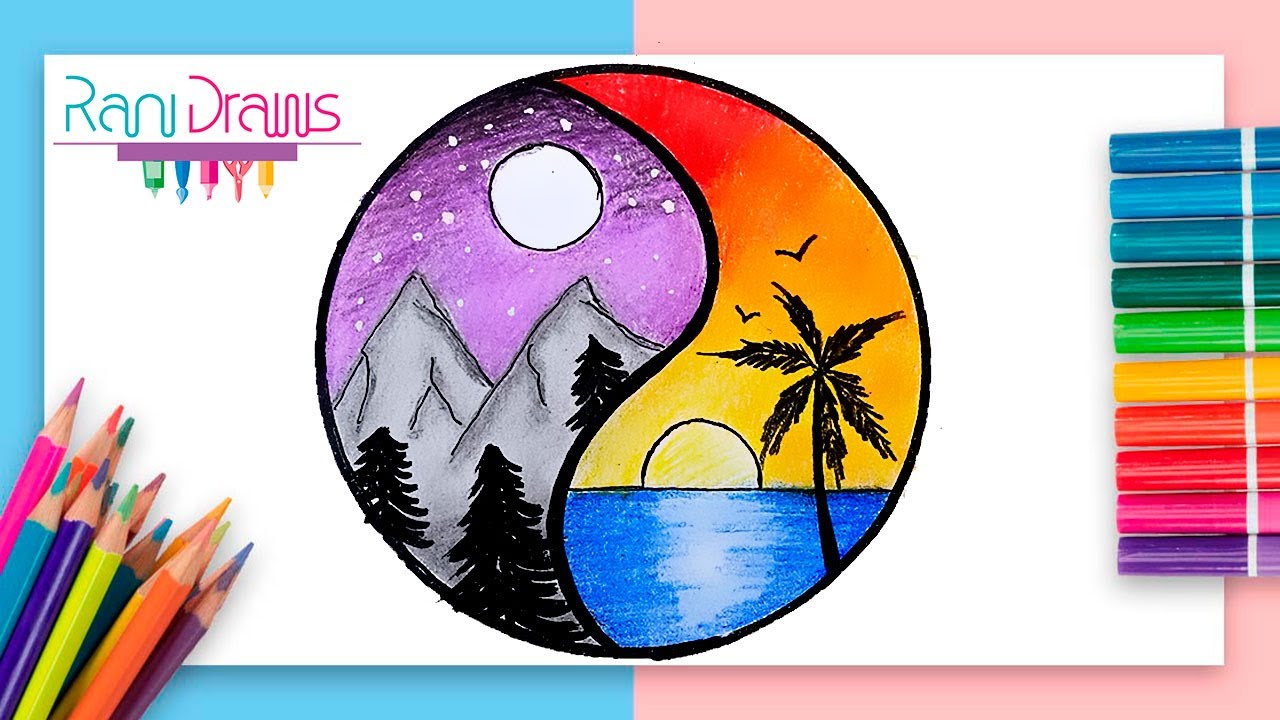 Cómo dibujar un PAISAJE DÍA Y NOCHE con lápices de colores - ideas de dibujos  fáciles - thptnganamst.edu.vn