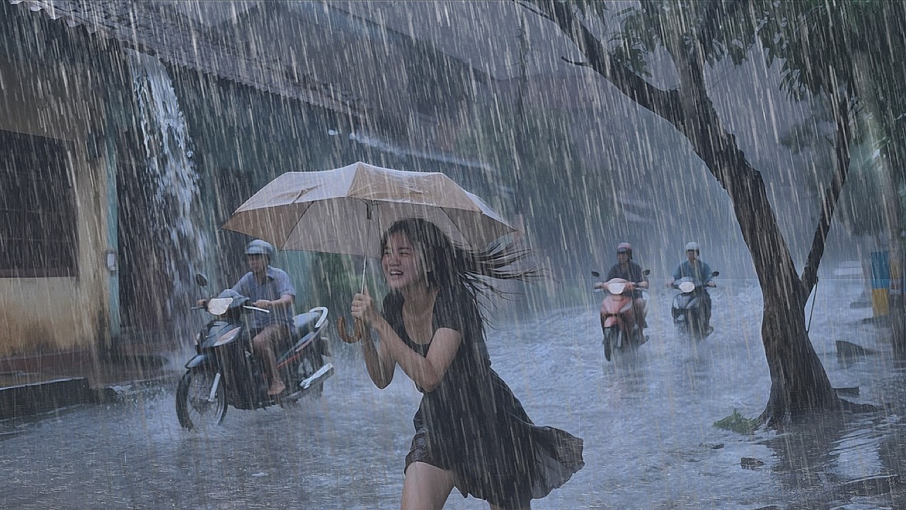 Heavy Rain and Thunderstorms Hit Asian Village Streets in the Afternoon | Walking in the Rain