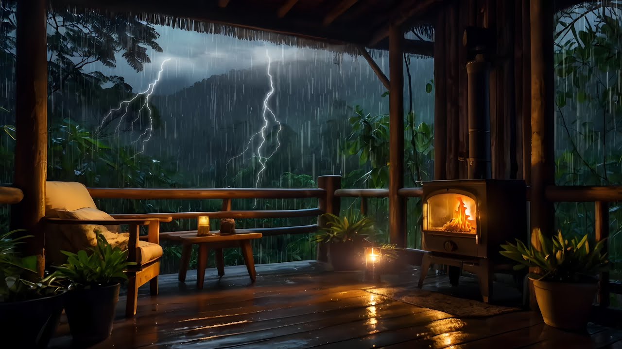 Warm Rain on a Mountain Cabin Porch 🌧️🔥 Cozy Fireplace ASMR for Deep ...