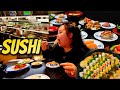 Unlimited revolving sushi mukbang  raw shrimp  salmon nigiri  octopus  spicy tuna eating show