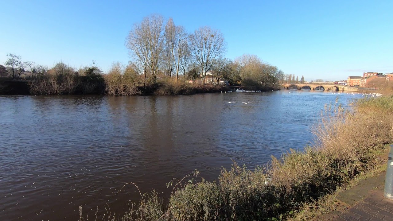 Riverside walk Worcester bridge to Diglis on Sunny Sunday morning (4k)