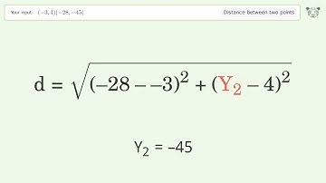 Find the distance between two points p1 (-3,4) and p2 (-28,-45): Step-by-Step Video Solution
