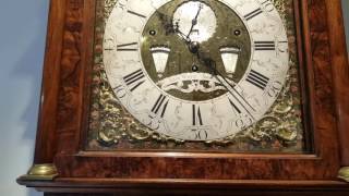 Dutch burr walnut musical longcase clock by Allin Walker 1