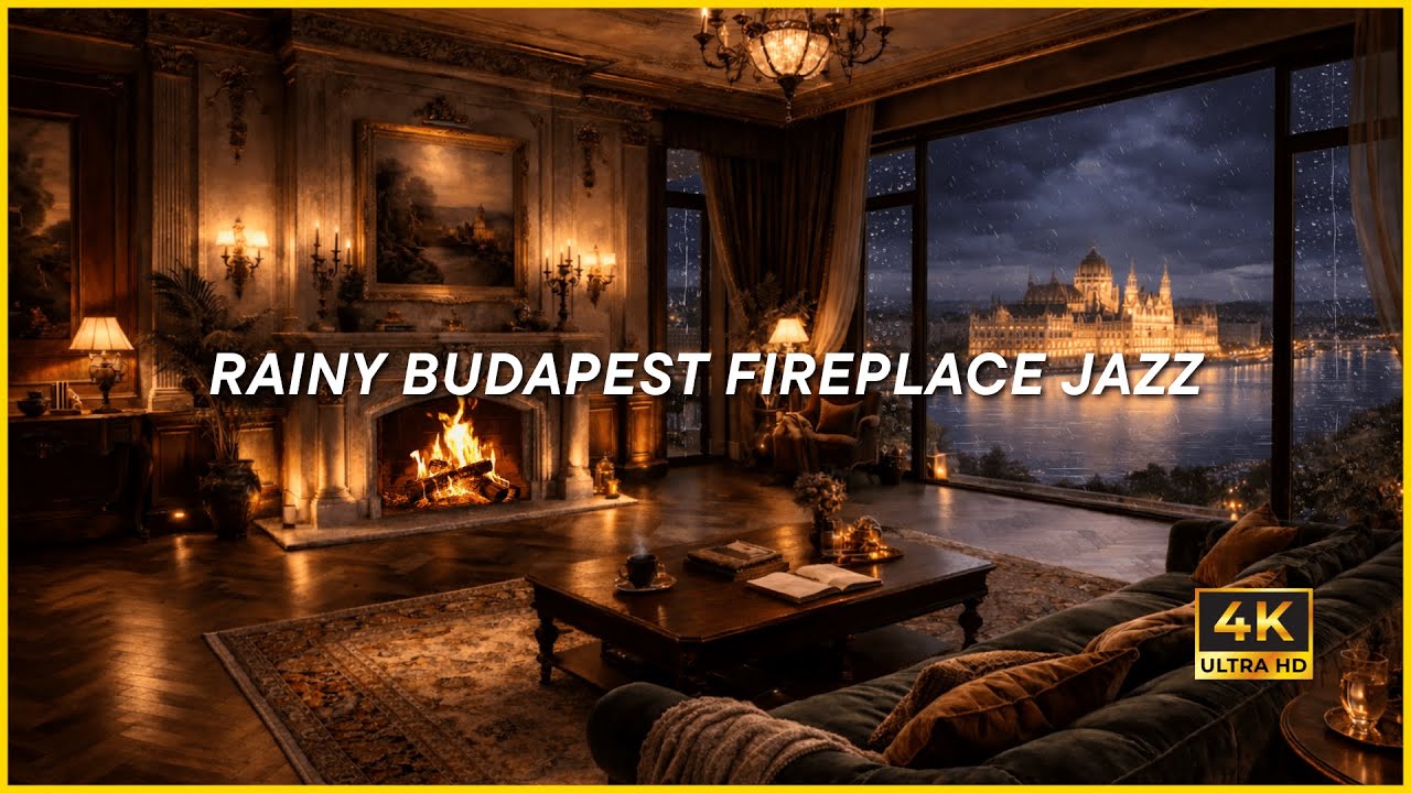 RAINY BUDAPEST FIREPLACE JAZZ (4K) | Cozy Danube Night Rain for Relaxation & Sleep