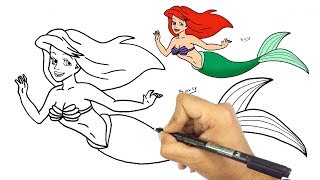تعليم الرسم | كيف ترسم حورية البحر اريل مع الخطوات للمبتدئين