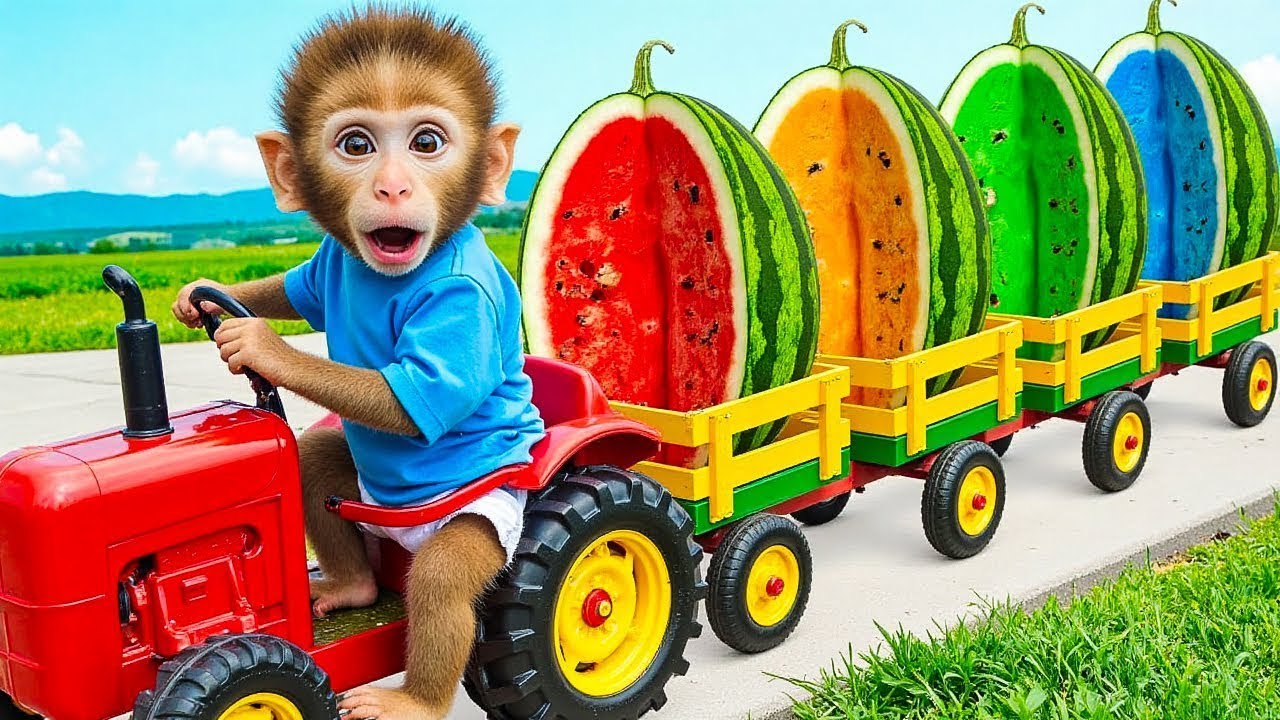 Bebé Mono BiBi conduce un tractor mágico con sandías de colores en una aventura divertida