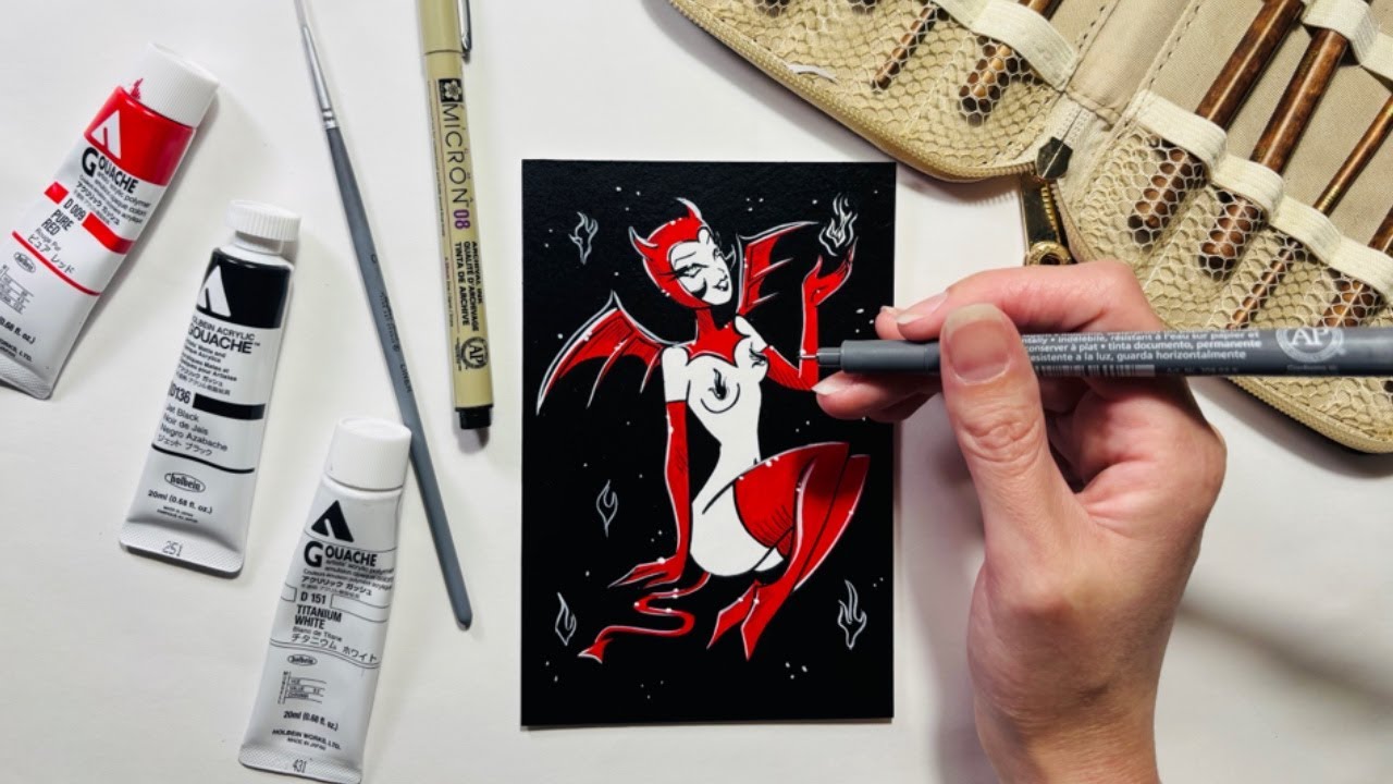 How I paint vibrant art with only TWO mediums | Gouache Painting | Ink Pen Art | Pinup Art timelapse