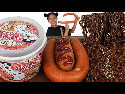 로제불닭납작당면 짜장면 킬바사 핫도그 먹방  ZOANA Mukbang <strong>Rose</strong> fire noodles black <strong>bean</strong> noodles Kielbasa sausage