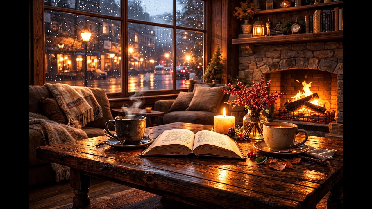 Cozy Rainy Jazz Corner ☕🌧️ Calm Sax & Fireplace for Study & Sleep