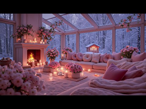 Romantic Valentine S Pink Snow Porch Crackling Fireplace Cozy Jazz Ambience For Relax Calm 