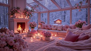 💗 Romantic Valentine’s Pink Snow Porch ❄️🔥 Crackling Fireplace & Cozy Jazz Ambience for Relax & Calm screenshot 5