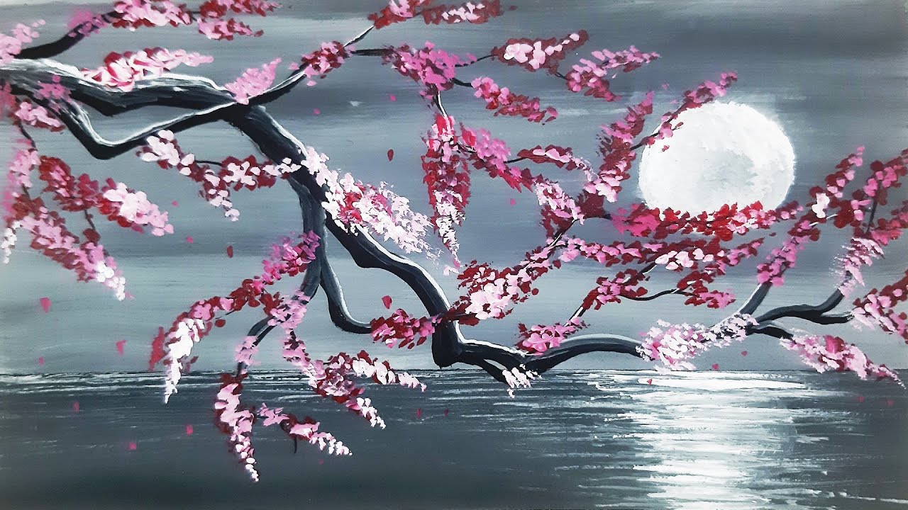 How to Paint Blossom Tree in Moonlight Best Acrylic Painting Ideas