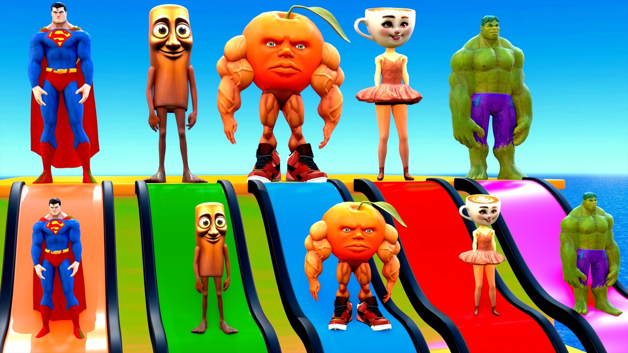 Playing as Spiderman in Long Slide Game with Cow Elephant Gorilla Hippo Tiger. Funny 3d Animal Game