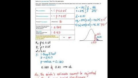 Hypothesis test for a population proportion using TI-84 1-PropZTest, Elementary Statistics in ALEKS