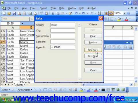 Excel 2003 Tutorial Finding Records in the Data Form Microsoft Training Lesson 25.3