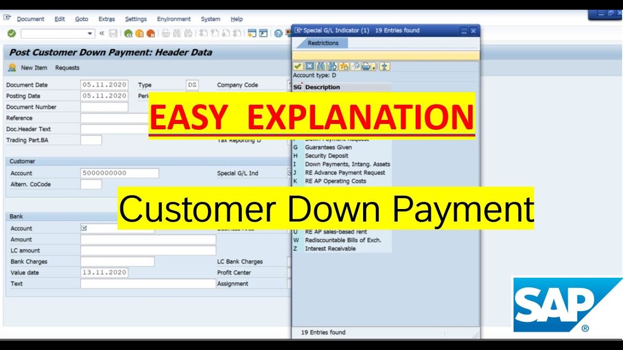 Customer down payment in sap how to enter customer down payment in